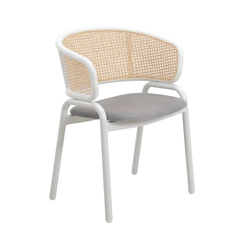 Modern Stylish Side Chair with Rattan Back and White Steel Legs for Dining Room & Kitchen