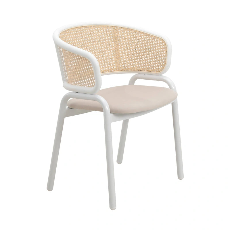 Modern Stylish Side Chair with Rattan Back and White Steel Legs for Dining Room & Kitchen
