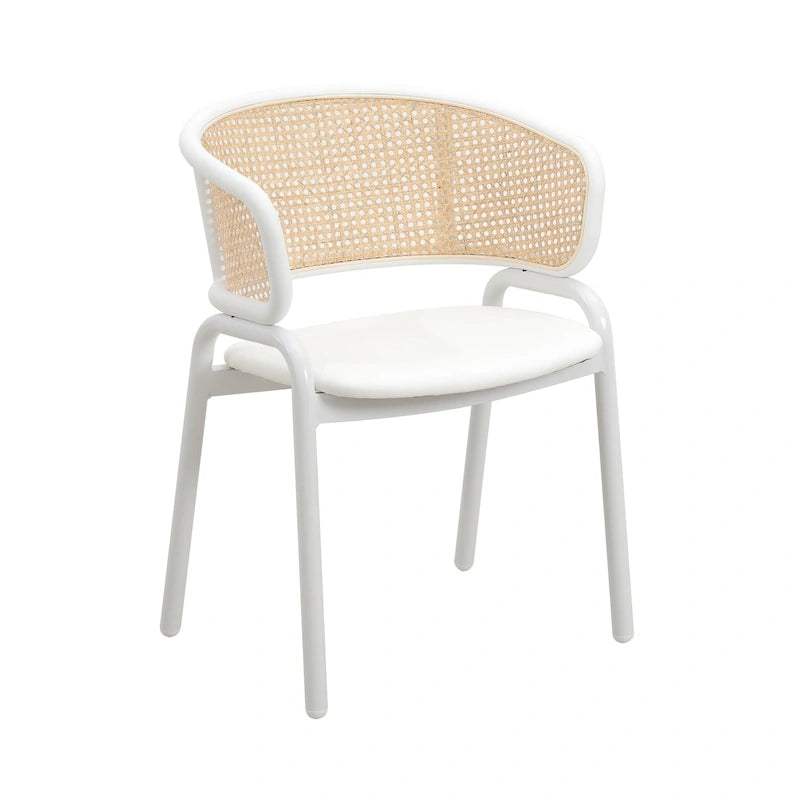 Modern Stylish Side Chair with Rattan Back and White Steel Legs for Dining Room & Kitchen