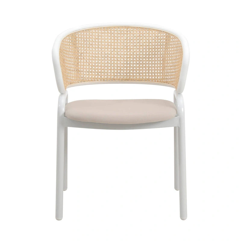 Modern Stylish Side Chair with Rattan Back and White Steel Legs for Dining Room & Kitchen