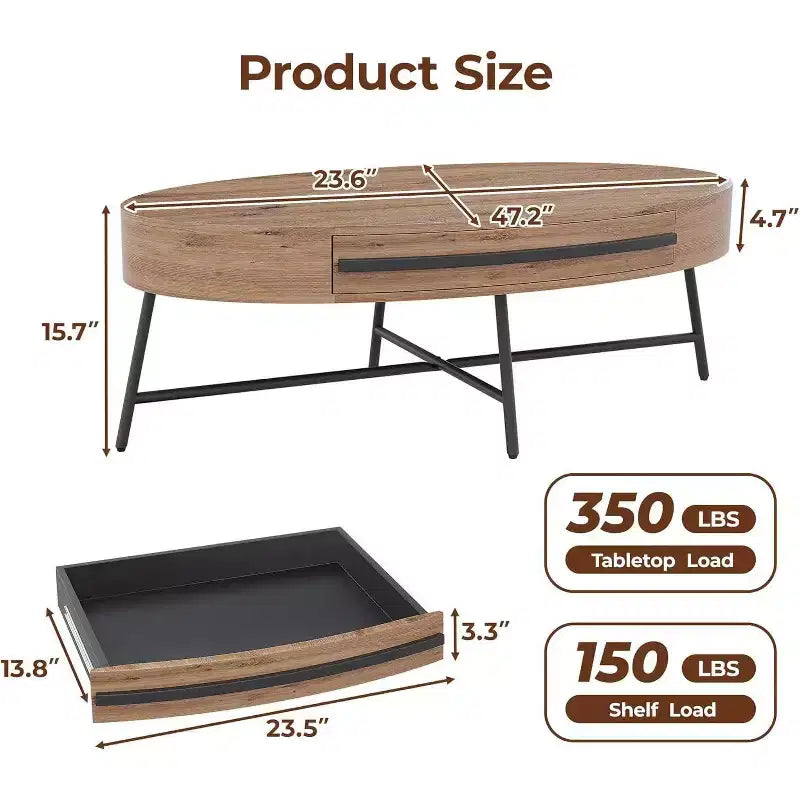 Table basse ovale Acekool avec tiroir, table de rangement en bois de 47,2 avec pieds en métal croisés, table centrale moderne du milieu du siècle en finition bois naturel et saule doré