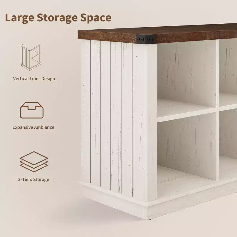 Libreria organizer con 8 scomparti, mobile orizzontale in stile rustico, libreria in legno da 62 pollici con vani portaoggetti per ingresso, libreria lunga e bassa per soggiorno