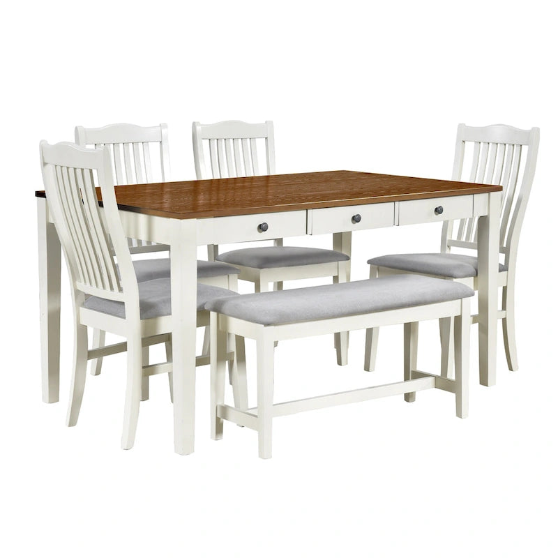 Set da pranzo in legno da 6 pezzi con 4 sedie e panca, tavolo con cassetto