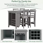 Set da pranzo in stile rustico composto da 5 pezzi, altezza bancone, con sedie per 4 persone, tavolo rettangolare in legno con ripiani contenitori e scomparto portabottiglie