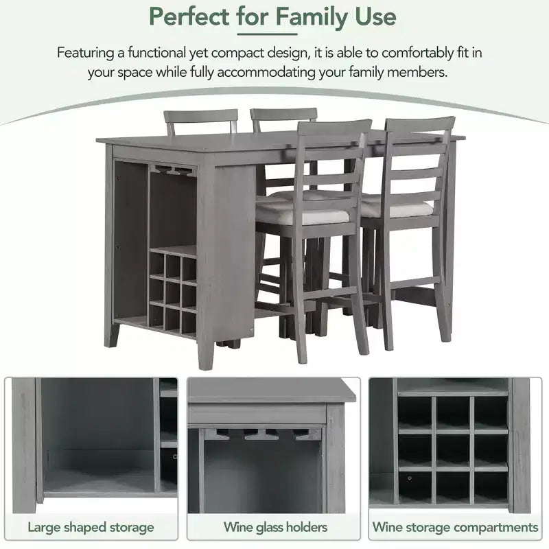Set da pranzo in stile rustico composto da 5 pezzi, altezza bancone, con sedie per 4 persone, tavolo rettangolare in legno con ripiani contenitori e scomparto portabottiglie