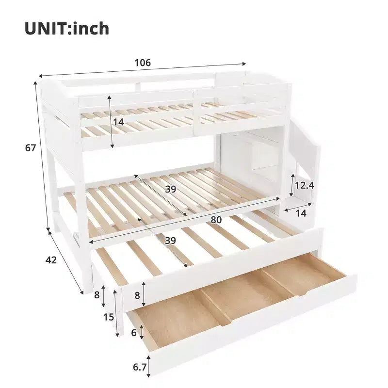 Letto a castello Whisen Twin XL con letto estraibile, contenitore, legno massello, scala contenitore, armadio e 3 cassetti, per bambini
