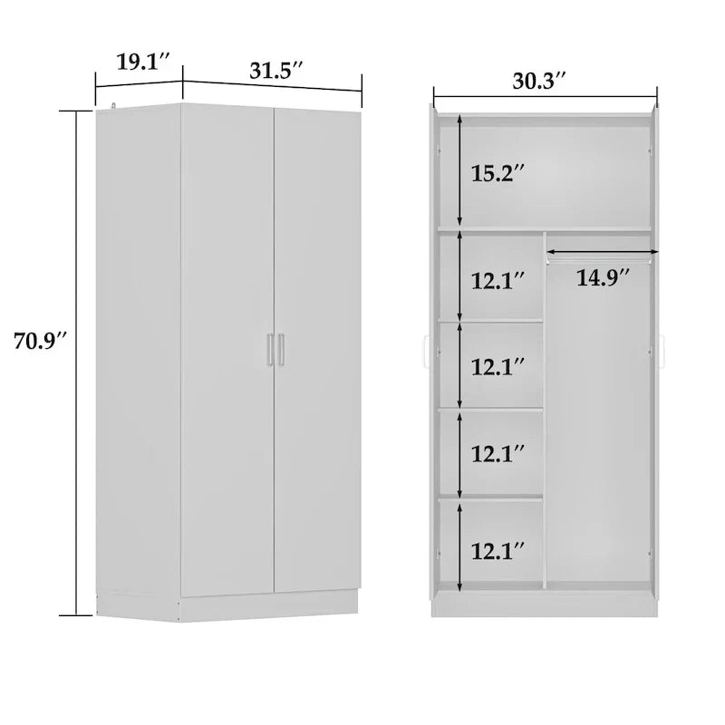Armoire-penderie à 2 portes, armoire de chambre autoportante avec tringle