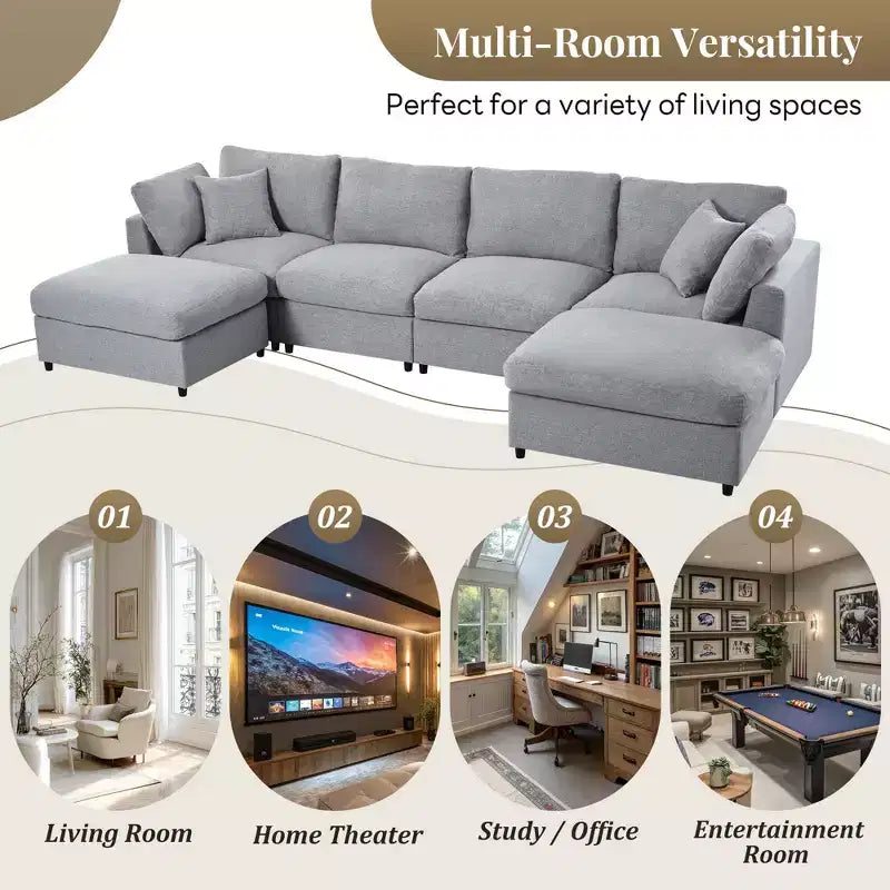 Divano componibile modulare da 128,2W, set divano a U trasformabile con pouf rimovibili 4S -ModernLuxe