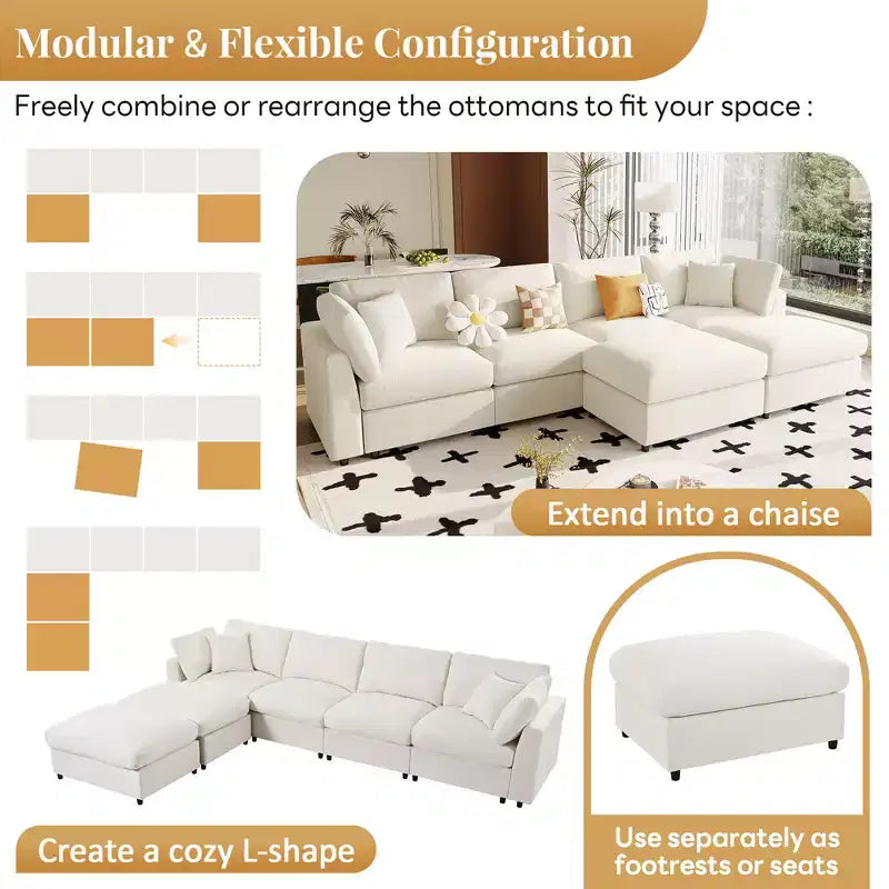 Divano componibile modulare da 128,2W, set divano a U trasformabile con pouf rimovibili 4S -ModernLuxe
