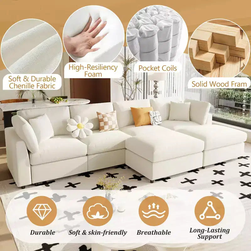 Divano componibile modulare da 128,2W, set divano a U trasformabile con pouf rimovibili 4S -ModernLuxe