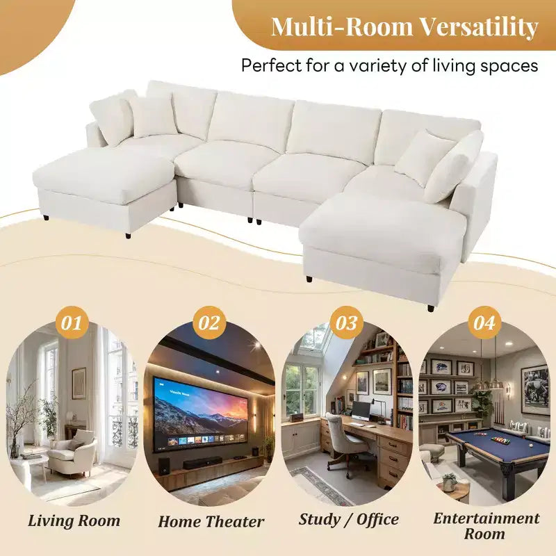 Divano componibile modulare da 128,2W, set divano a U trasformabile con pouf rimovibili 4S -ModernLuxe