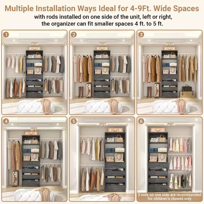 Système d’organisation de dressing en bois Besiost de 4 à 9 pieds avec 4 tiroirs, 4 tringles et des colonnes d’étagères