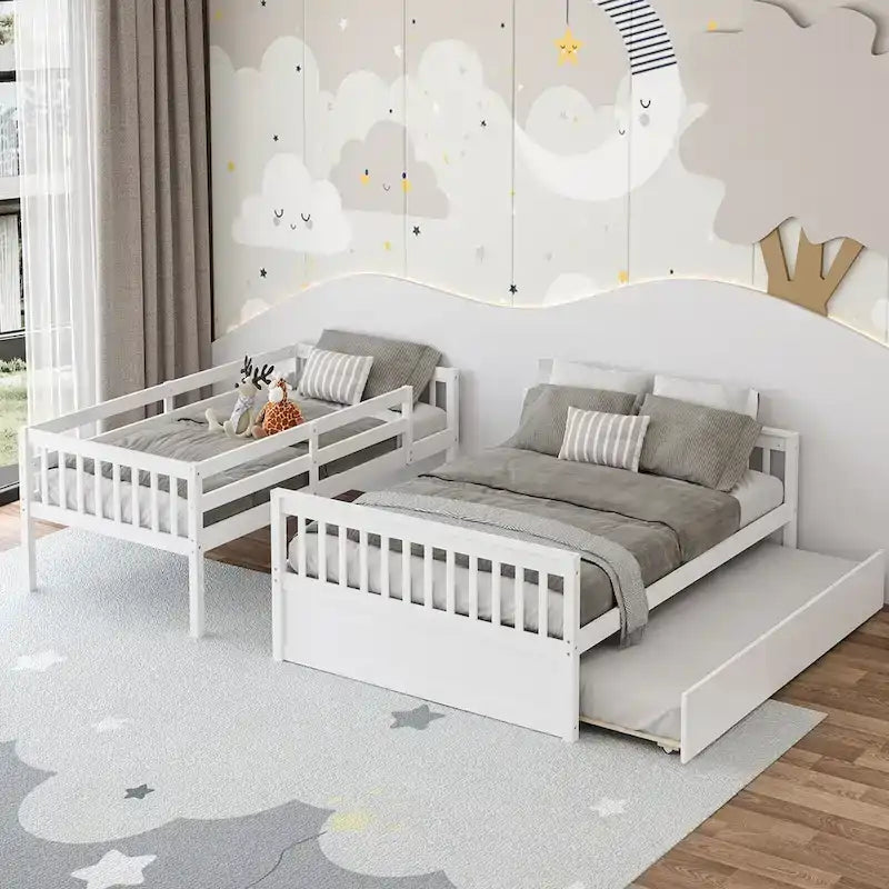 Letto a castello Gymax con letto singolo sopra un letto matrimoniale, estraibile singolo e piattaforma convertibile