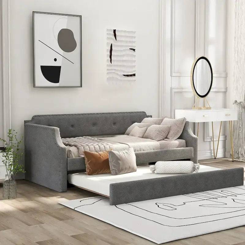 Upholstered Daybed with Trundle, Wood Slat Support,Upholstered Frame Sofa Bed, Twin