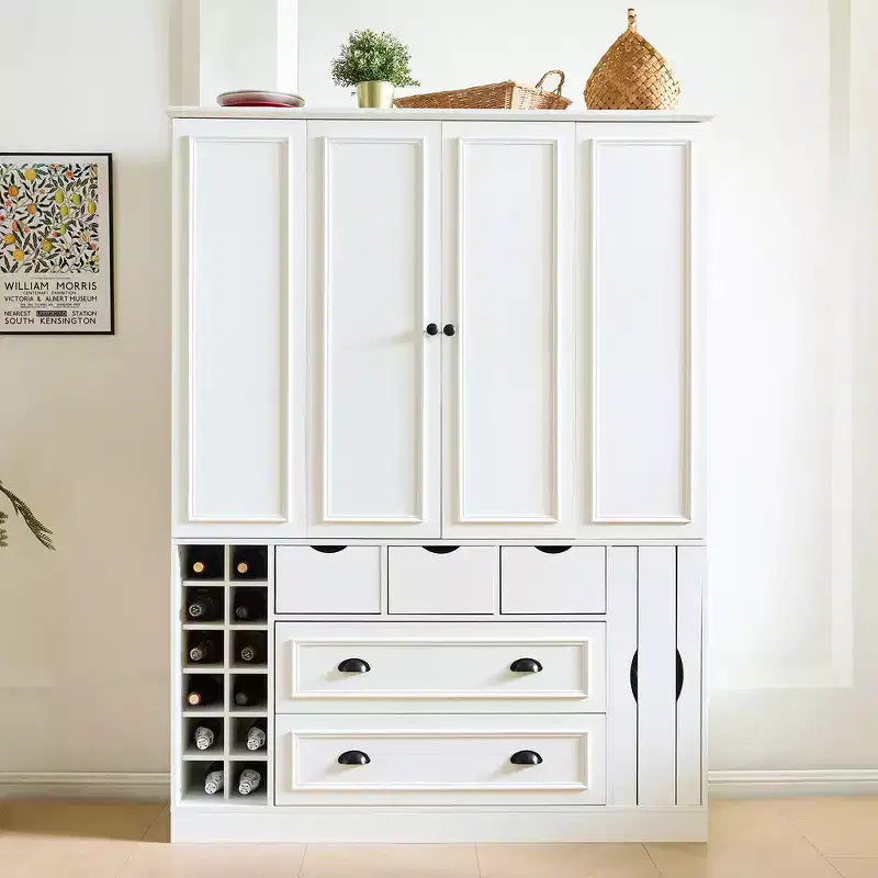 Armoire garde-manger indépendante Whisen de 71 po de hauteur, grand meuble de rangement pour salle à manger avec 4 portes pliantes, étagères et porte-bouteilles
