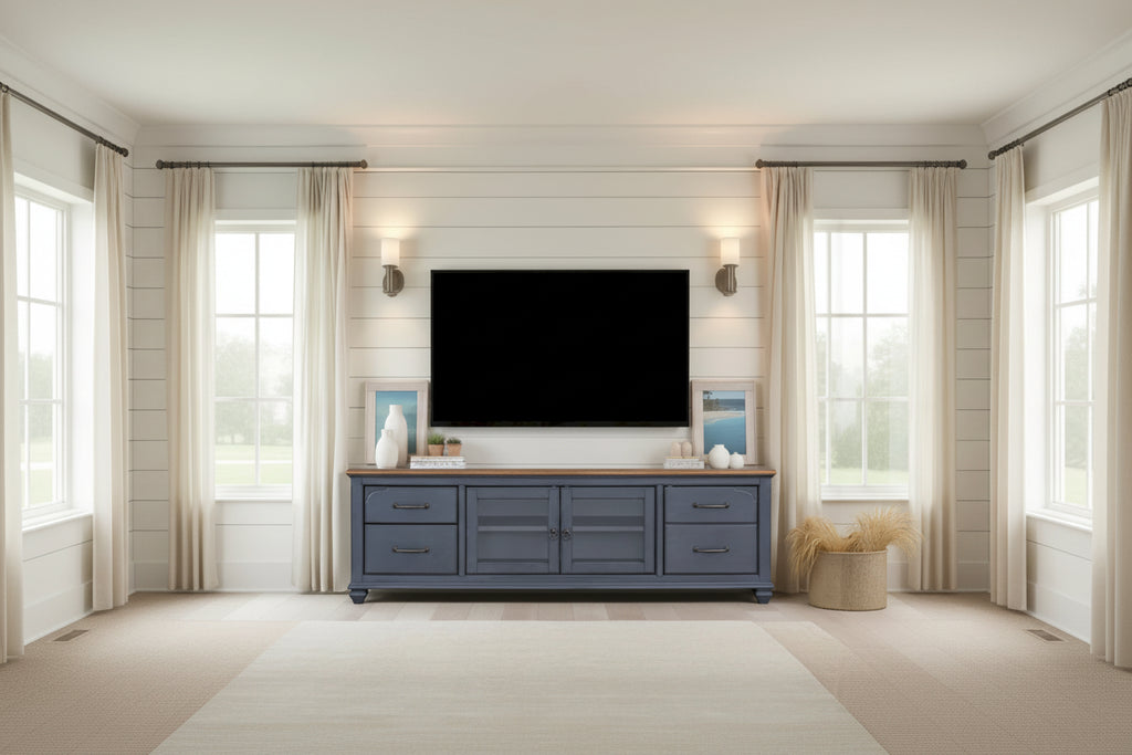 84 in TV Stand for TVs up to 90 inches, No Assembly Required, Corduroy Blue Finish