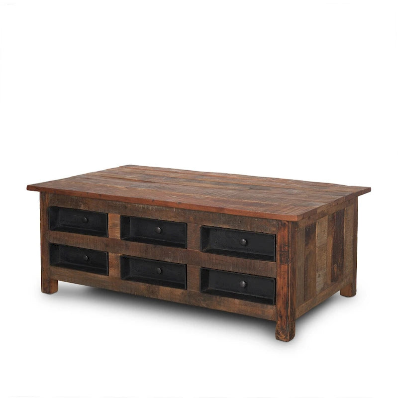 Brown Wood w/ 12 Black Metal Drawers Coffee Table