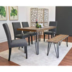 Set da pranzo Amisos da 6 pezzi, tavolo da pranzo con gambe a forcina con 4 sedie e una panca in legno, 3 opzioni di colore