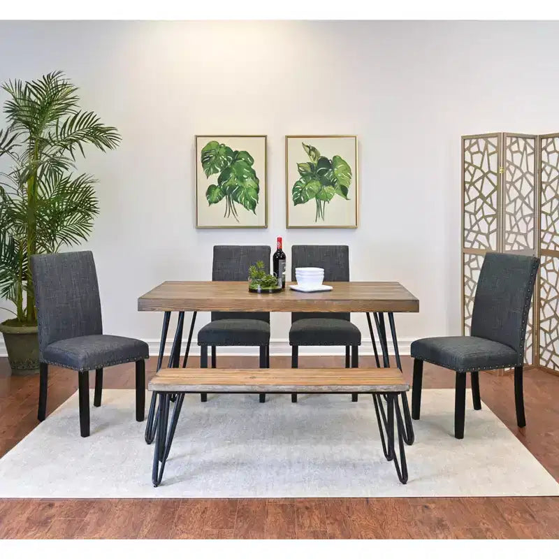 Set da pranzo Amisos da 6 pezzi, con tavolo da pranzo con gambe a forcina, 4 sedie e panca in legno, 3 opzioni di colore