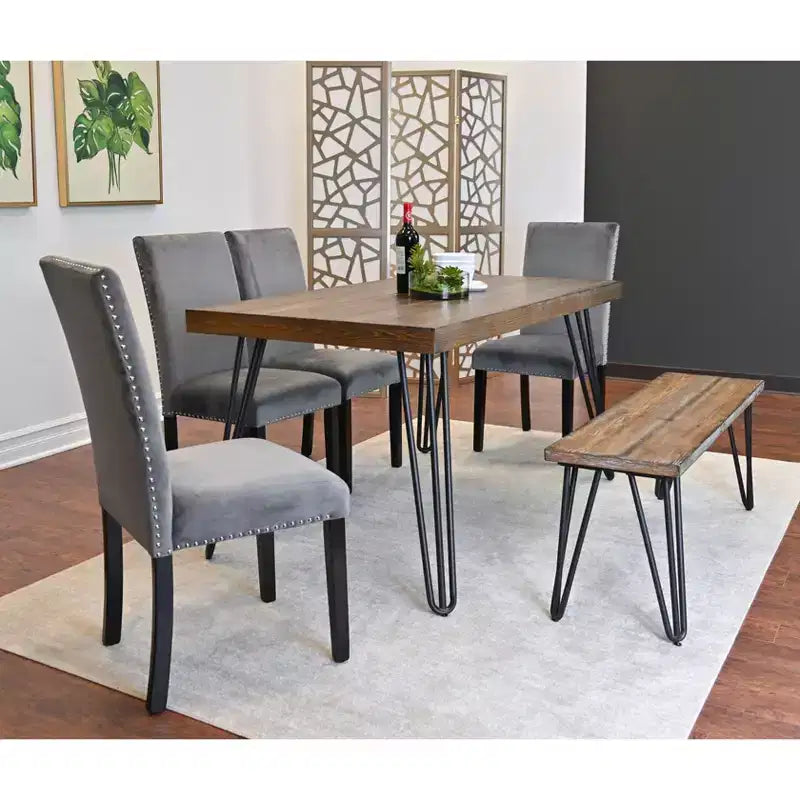 Set da pranzo Ashzo da 6 pezzi, tavolo da pranzo a forcina con 4 sedie e panca, 3 opzioni di colore