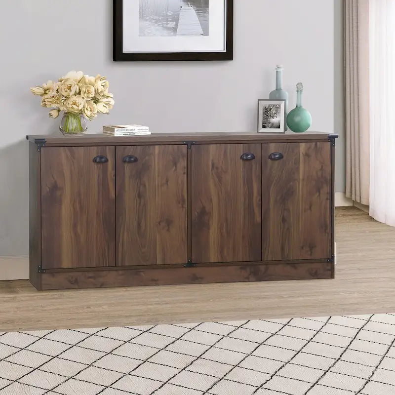 Brunei Contemporary Dark Walnut Wood Four-Door Credenza File Cabinet
