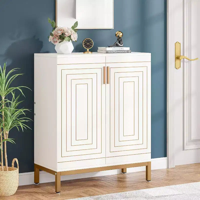 Meuble à chaussures pour 20 paires, meuble de rangement moderne à 6 niveaux avec portes, organiseur d’entrée autoportant, blanc et doré