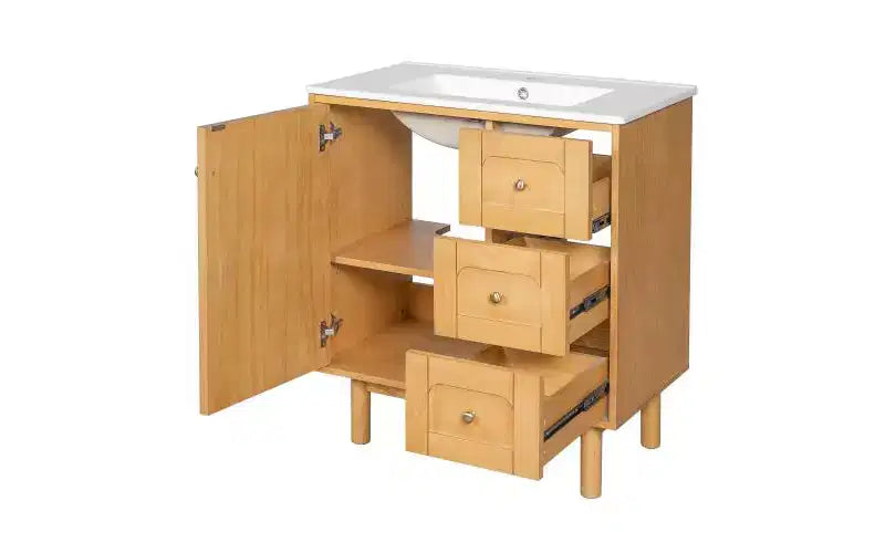 Meuble-lavabo en céramique JVNOXK de 30 po, style rustique moderne, avec 3 tiroirs et 1 grande porte à fermeture amortie, meuble de rangement à grain de bois naturel