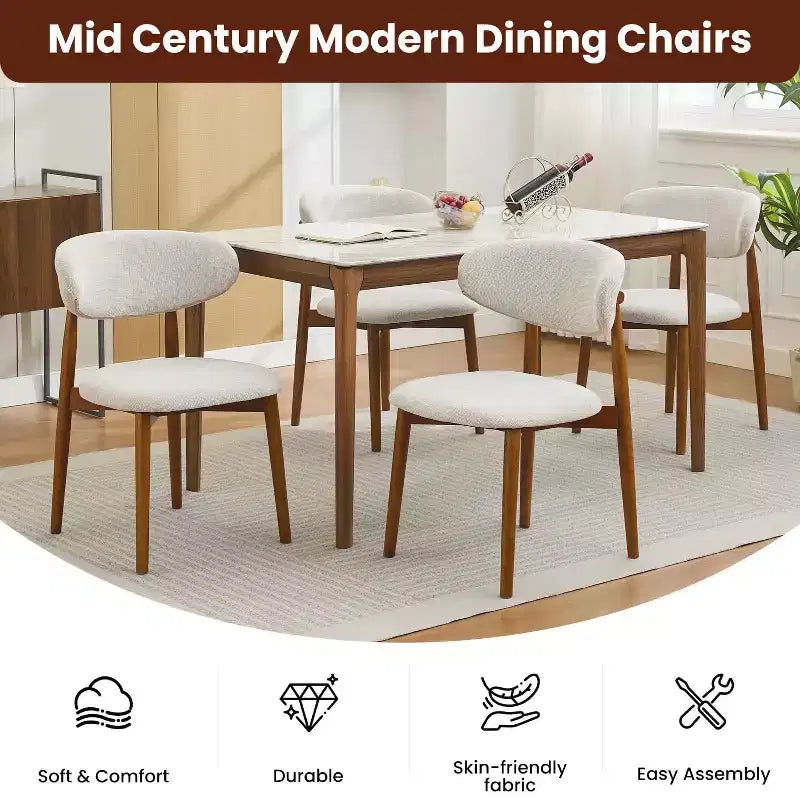 Ensemble de 4 chaises de salle à manger, chaises rembourrées modernes du milieu du siècle, chaises de cuisine style ferme avec assise en tissu rembourrée et pieds en bois, beige