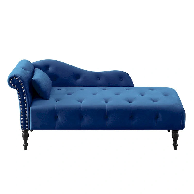 Chaise longue moderna da 60,6" in velluto con bottoni trapuntati, gambe in legno massello e borchie decorative