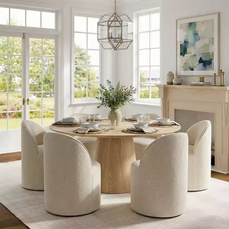 Ensemble de table à manger moderne pour 6 personnes, table ronde à piètement central, fauteuils tonneau pivotants à roulettes, chenille texturée - Panipeachy