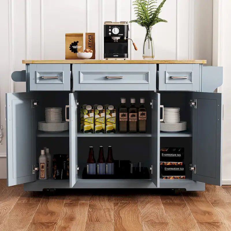 54 Îlot de cuisine grand format avec rallonge rabattable en bois d’hévéa, desserte de cuisine roulante à texture gaufrée sur 4 roulettes avec 4 portes et 3 tiroirs