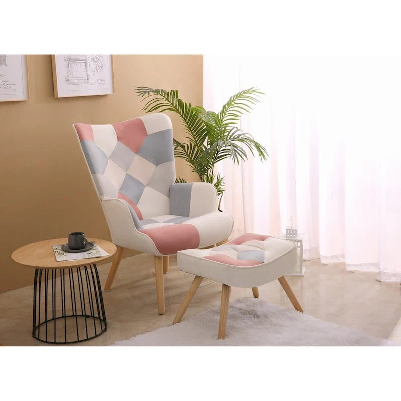 Fauteuil d’appoint avec pouf, ensemble fauteuil et pouf pour le salon, fauteuil d’appoint confortable avec accoudoirs pour la chambre, revêtement en tissu à motifs créatifs
