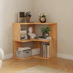 Libreria verticale in legno a forma di L con finitura naturale e schienale aperto