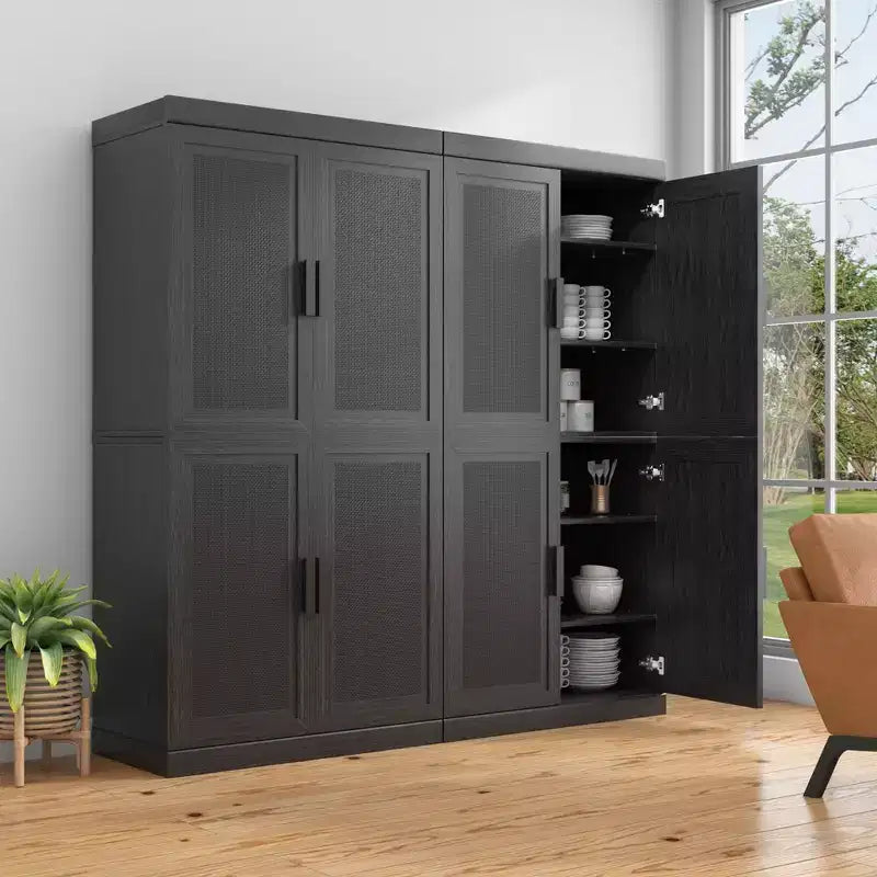 Armoire décorative haute de 62 po à porte en cannage noir, effet grain de bois, avec 12 étagères