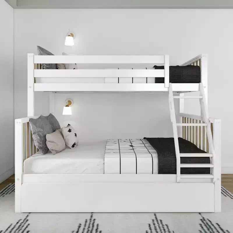 Letto a castello Max & Lily, singolo sopra matrimoniale con letto estraibile, in legno massello e stile scandinavo, per bambini