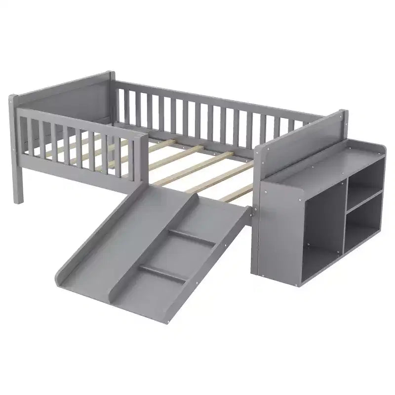 Cadre de lit mezzanine bas Whisen 1 place pour enfants avec toboggan, bibliothèque de rangement mobile et barrières de sécurité