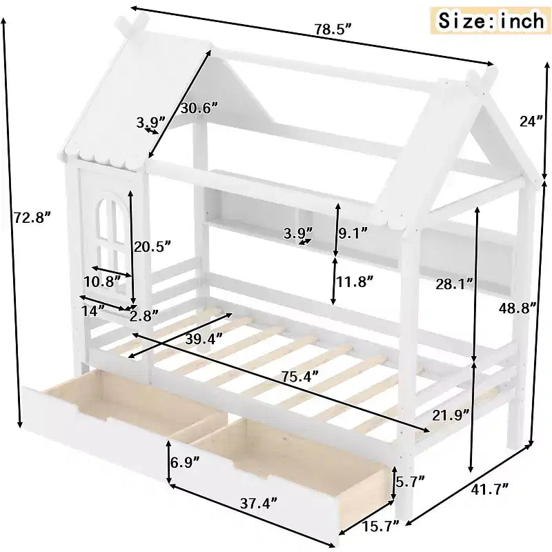 Haus-Hochbett mit Aufbewahrungsschubladen und Fenster, Rahmen aus Massivholz mit Regalen, kindlich-verspieltes Design, helles Weiß