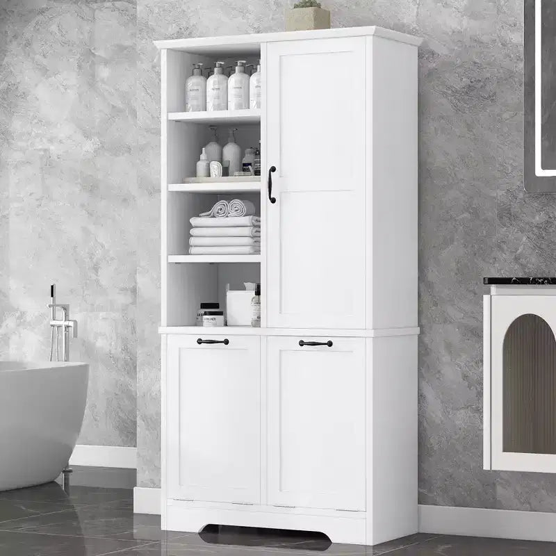 Meuble de rangement de salle de bains avec portes et tiroirs, panier à linge basculant, multiples espaces de rangement, style autoportant