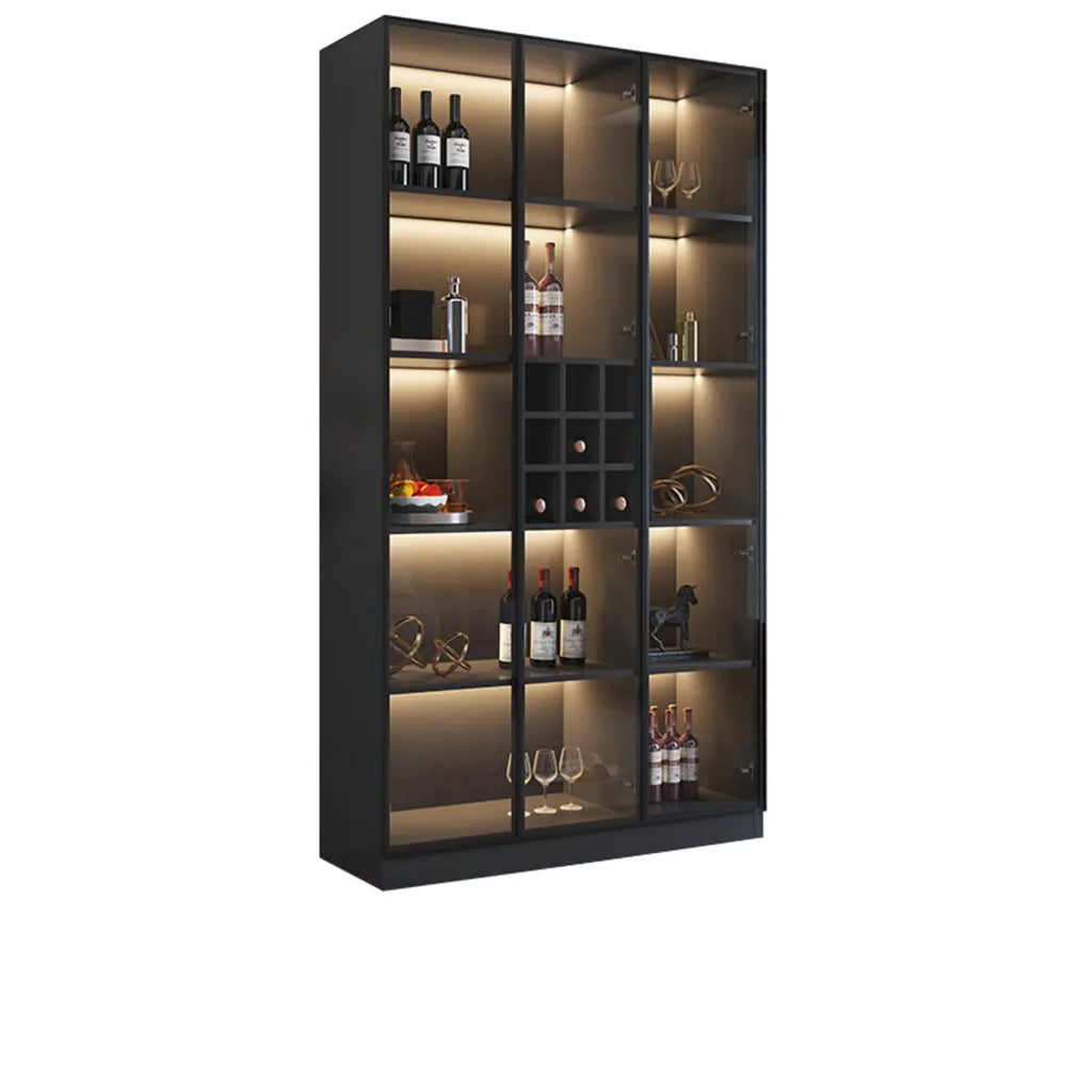 Credenza portabottiglie minimalista in legno nero con anta in vetro