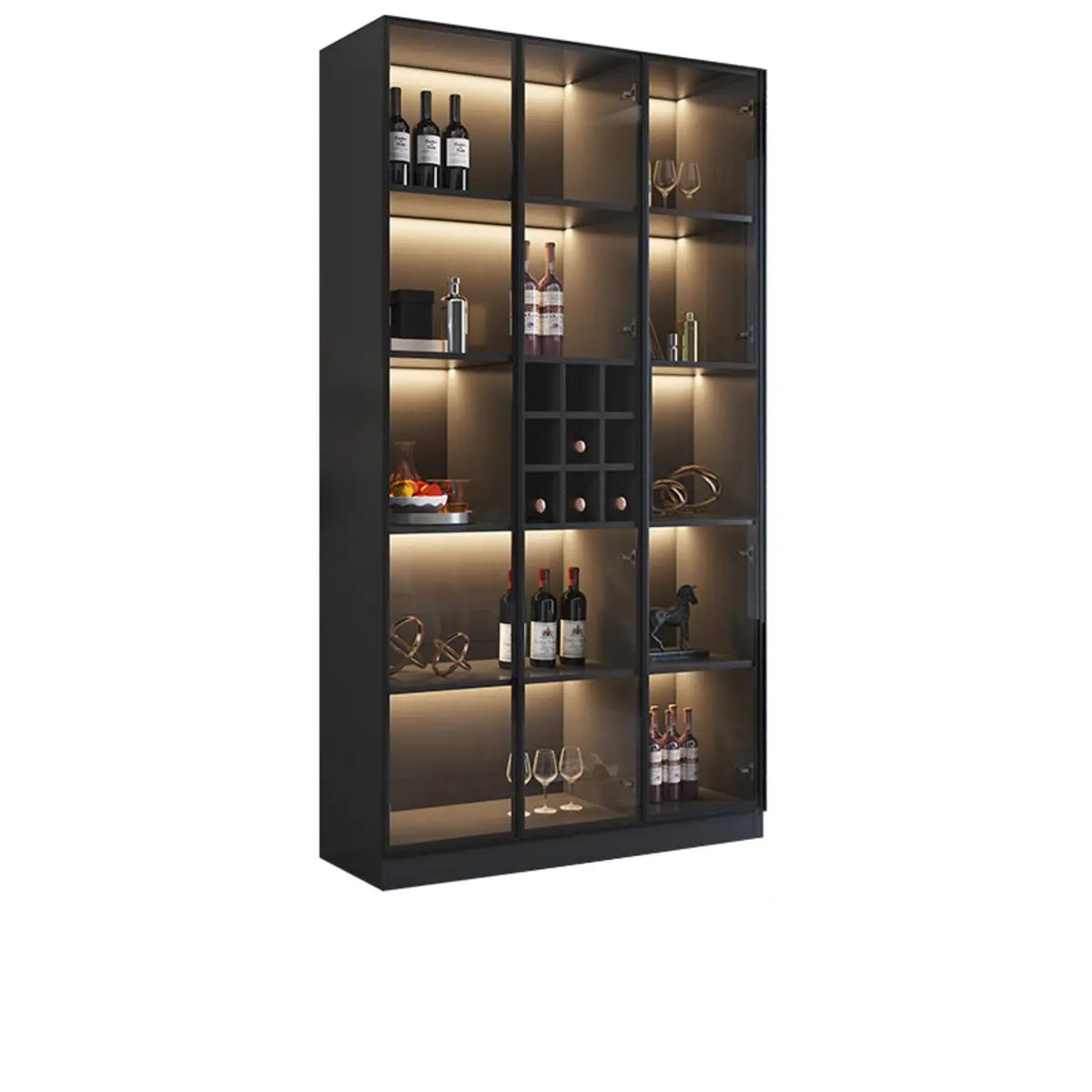 Credenza portabottiglie minimalista in legno nero con anta in vetro