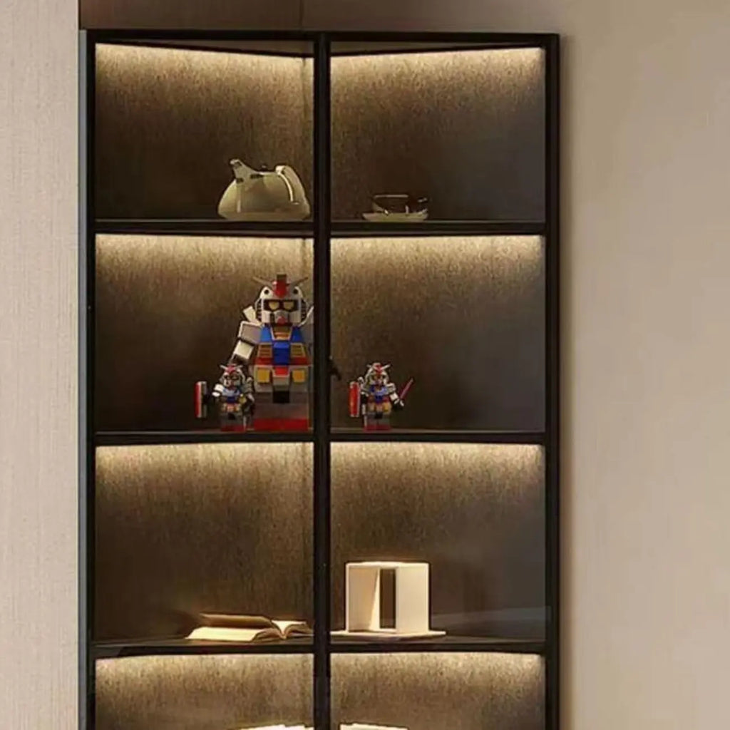 Mobile angolare moderno da esposizione in metallo e legno grigio con anta in vetro