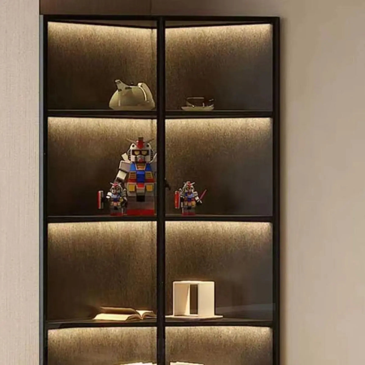 Mobile angolare moderno da esposizione in metallo e legno grigio con anta in vetro