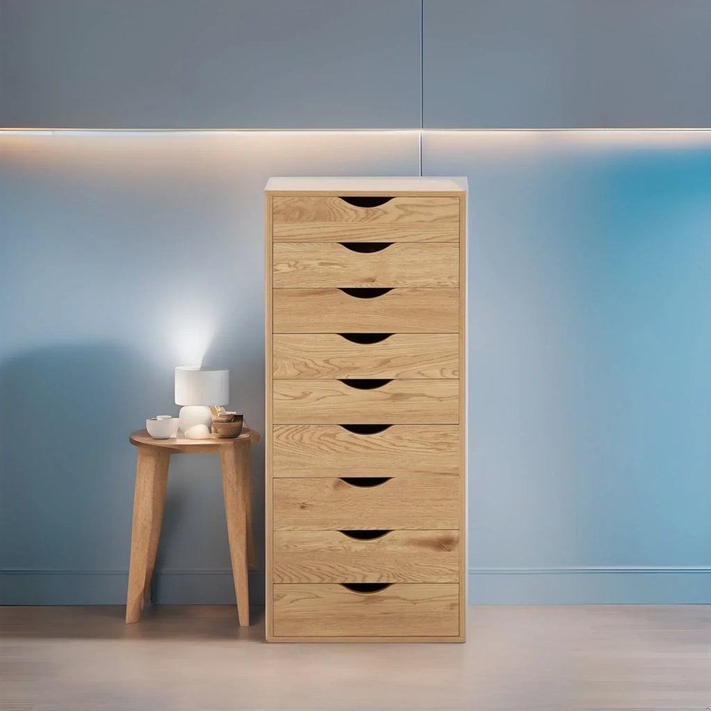 Meuble étroit en bois à 9 tiroirs avec tiroirs à coulissement fluide et étagère de rangement supérieure