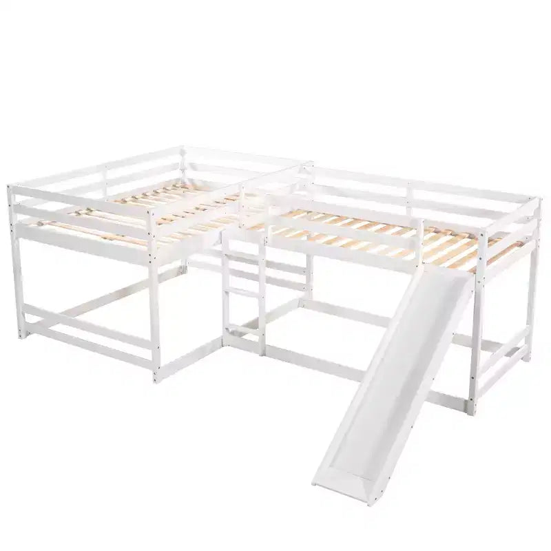 Lit superposé en L pour 4 enfants, lit superposé quadruple avec toboggan, structure en bois avec couchage double et simple pour chambre ou dortoir