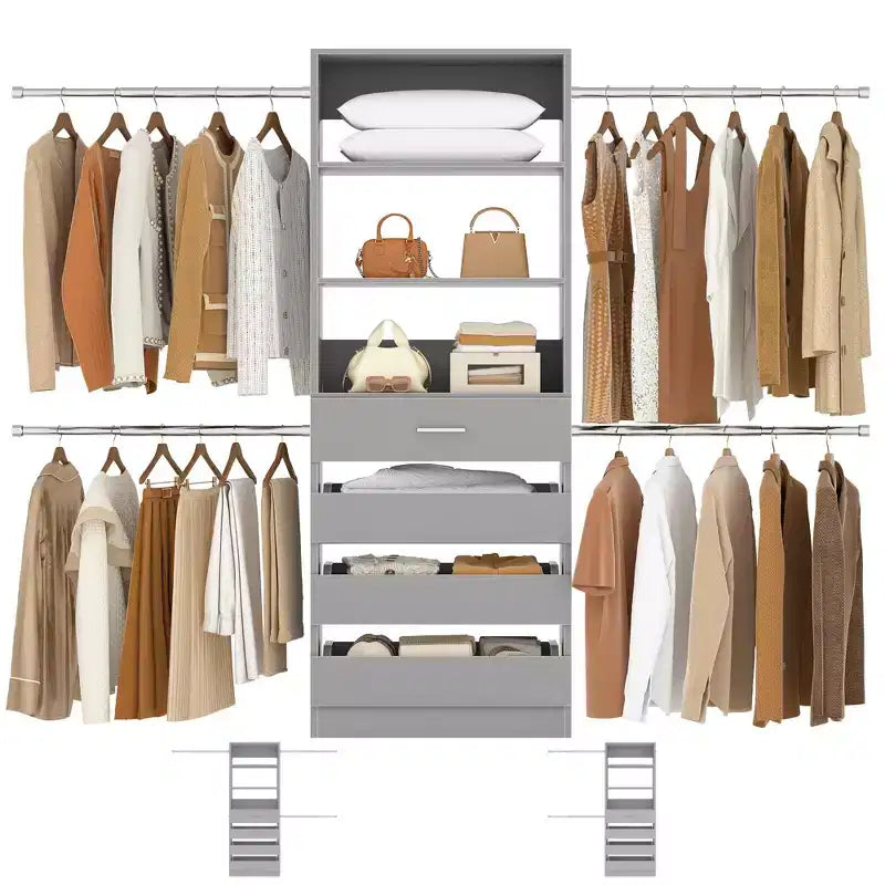 Système d’organisation de dressing en bois Besiost de 4 à 9 pieds avec 4 tiroirs, 4 tringles et des colonnes d’étagères