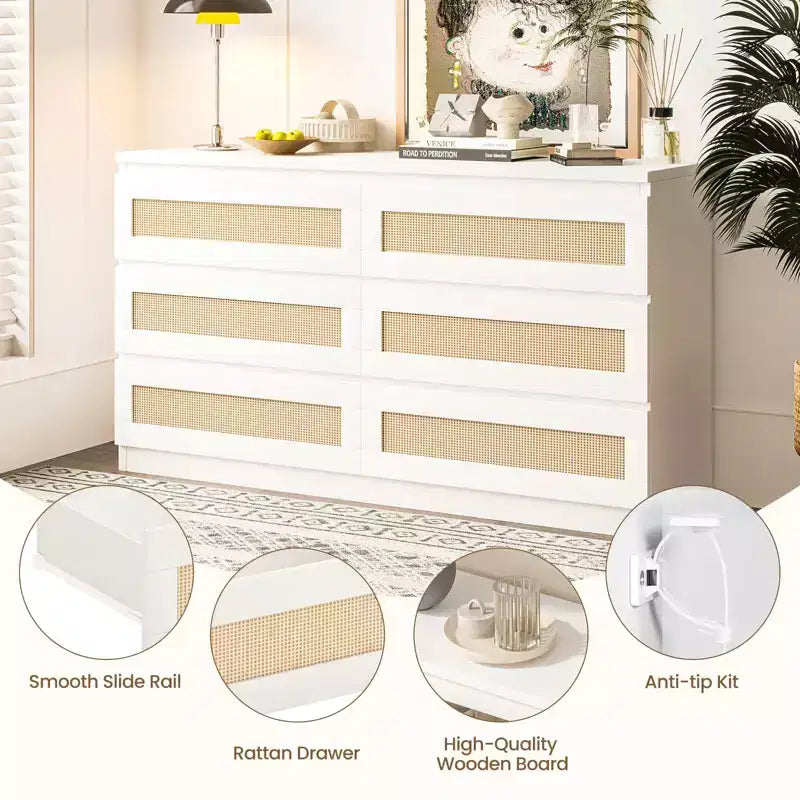 Cassettiera in rattan per camera da letto con 6 cassetti, cassettiera larga moderna in stile rustico da 47 pollici, mobile contenitore in legno per organizzare armadio, soggiorno e corridoio