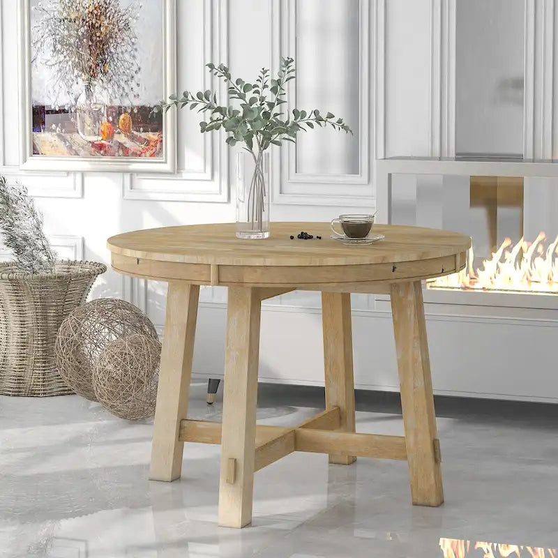 Farmhouse Round Extendable Dining Table with 16 Leaf Wood Kitchen Table