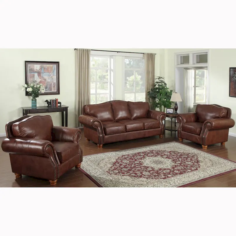 Set Brandon composto da divano e due poltrone in pelle italiana pieno fiore color whiskey dall'aspetto vissuto