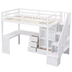 Letto a soppalco singolo con scrivania a L, 3 cassetti, armadietto e spazio contenitore nella scala, struttura in pino massello e MDF
