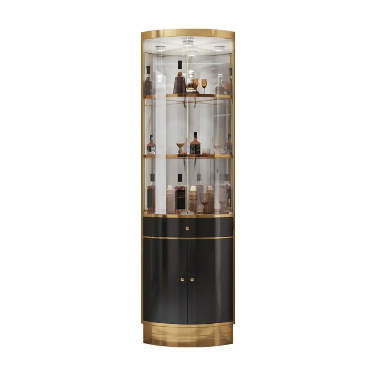 Meuble d’angle de rangement et d’exposition avec plusieurs niveaux, en verre et métal, pour bouteilles de vin